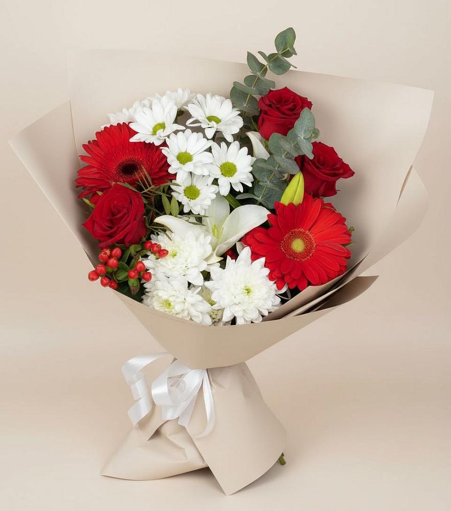 Букет цветов из: Розы, Хризантемы, Герберы и Лилии в Сынково